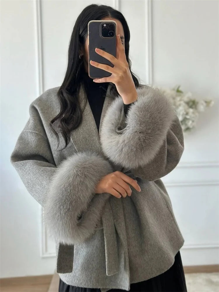 Tossy Fox Fur Wool Overcoat Women's Short Coat Office Lady Elegant Double-sided Woolen Coat 2025 New Cardigan Jackets Loose Wool Viralgem Store