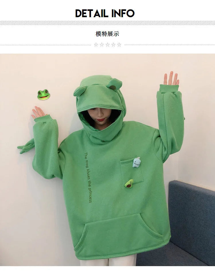 Unisex Frog Zipper Hoodie Fleece Lined Springtime Embroidery oversized Sweatshirt Harajuku Warm Pullover Korean Style Dropship