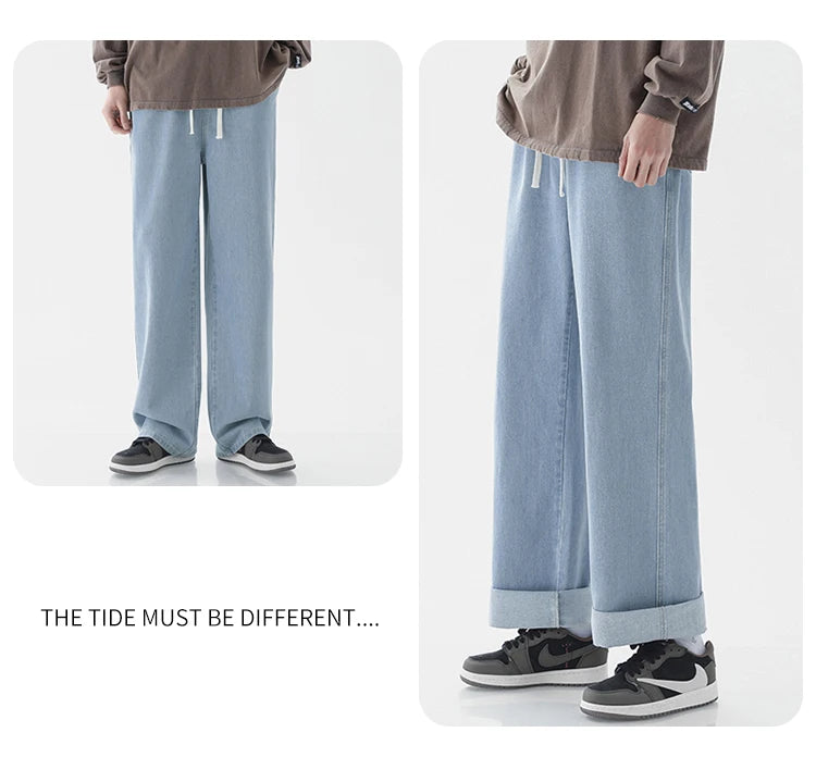 Spring Men Baggy Washed Jeans Drawstring Wide Leg Cargo Denim Pants Fashion Casual Trousers Male Designer Clothing Blue Black