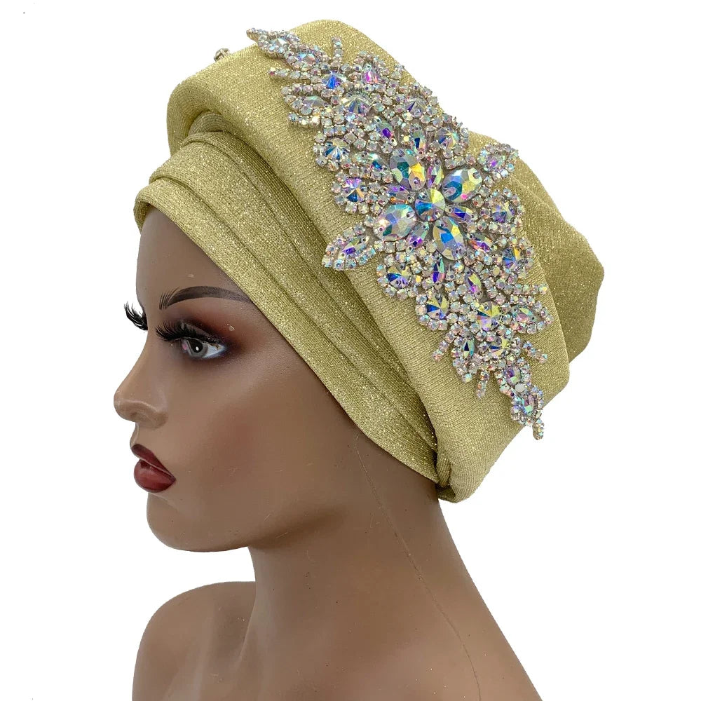 African Wrap Head Headgear Nigeria Auto Gele Headtie Turbante Mujer Luxury Rhinestone Turban Hat for Women Glitter