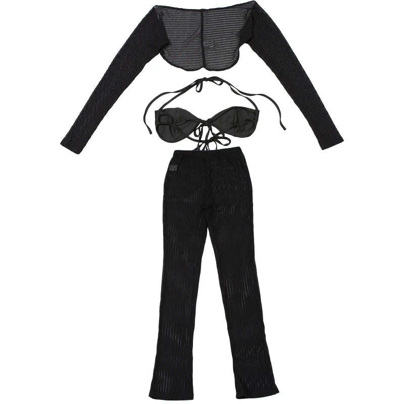 Weird Puss Summer Trend 3 Piece Set Women Spike Mesh Crop Tops+Bandage Bra+Leggings Tight Matching Vacation Streetwear Outfits Viralgem Store