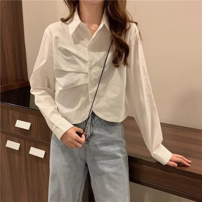 Striped Shirt Women's Design Niche Spring Autumn New Slim Versatile Pleated Long-sleeved Short Top Freshlook Styles