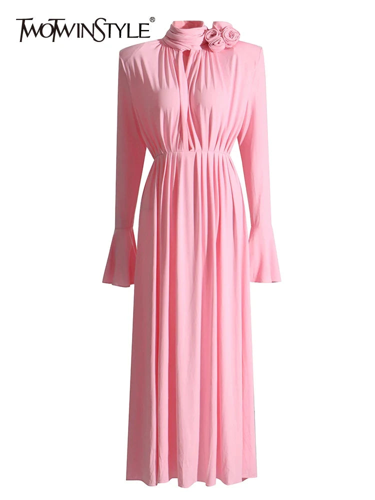 TWOTWINSTYLE Solid Appliques Folds Dresses For Women Half High Collar Flare Sleeve Tunic Long Dress Female Fashion Clothing New Viralgem Store