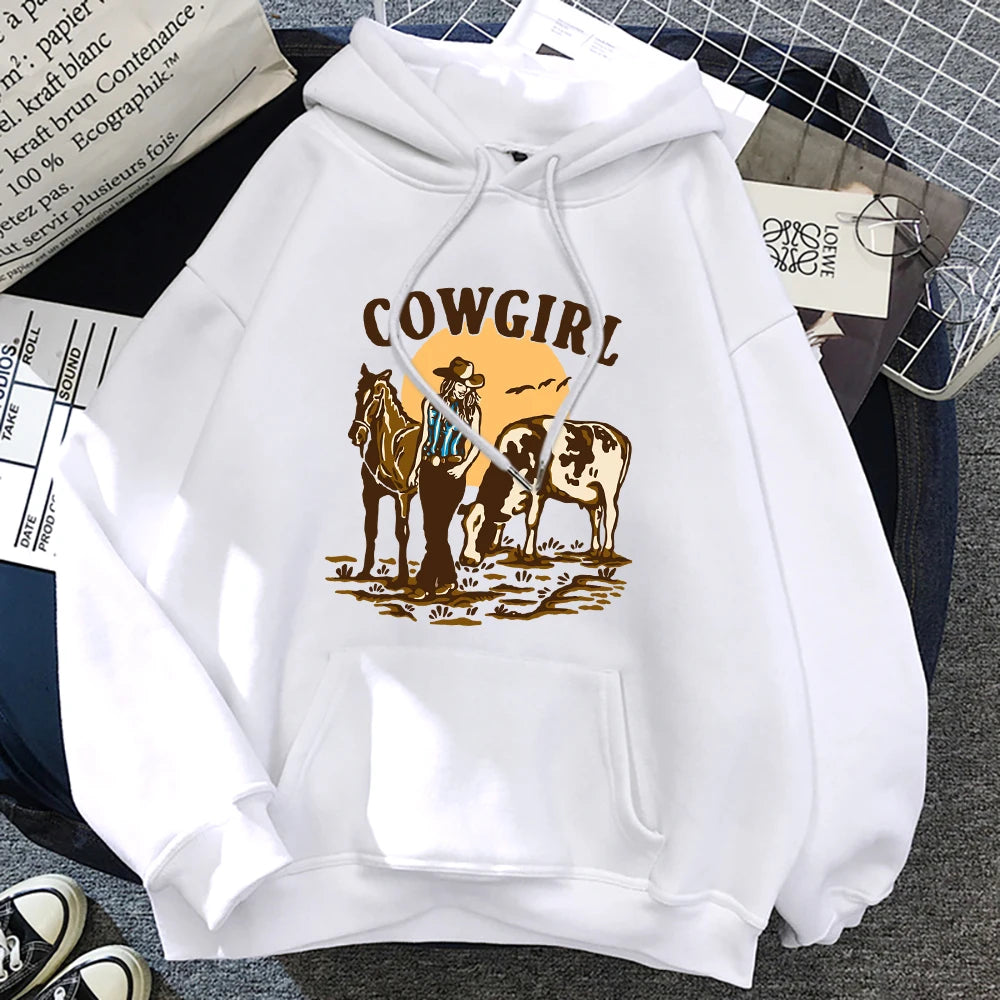 The Cowgirl And Her Cow And Horse Live In The West Hoody Woman Hip Hop Street Hoodies Crewneck Pocket Clothes Loose Pullover