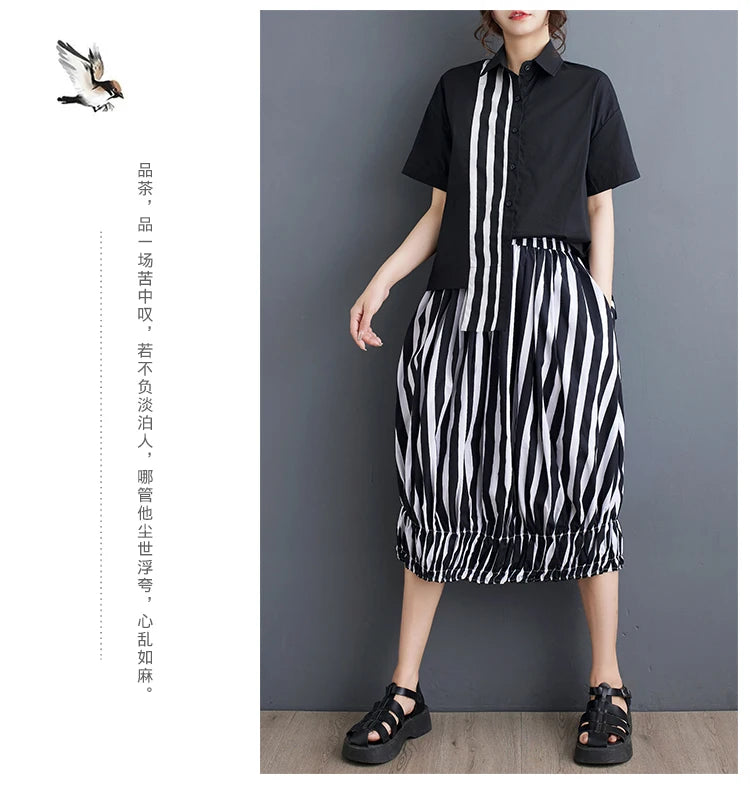 Summer Striped Print 2 Two Piece Set Women Irregular Patchwork Fashion Ladies Cropped Shirts Loose Casual Pleated Woman Skirts Viralgem Store