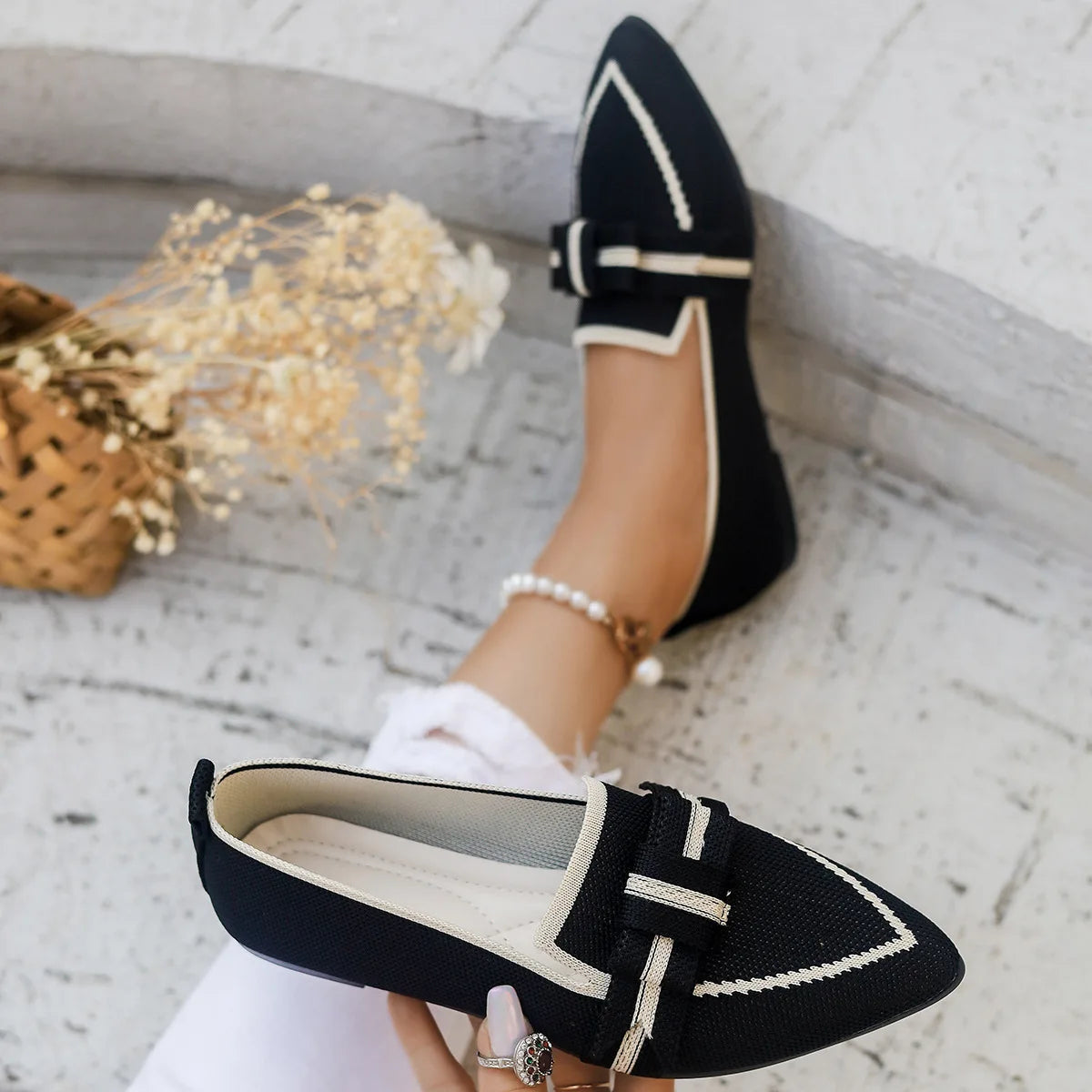 Women Flats 2024 New Knitted Slip Breathable Comfortable Solid Color Shoes Casual Pointed Toe Walking Loafers Sneakers Women Viralgem Store