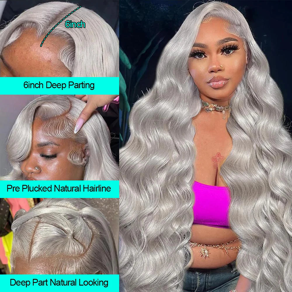 13x6 Silver Grey Body Wave Lace Front Human Hair Wigs Pre Plucked 613 HD Frontal Wigs Brazilian Cosplay Colored Human Hair Wig