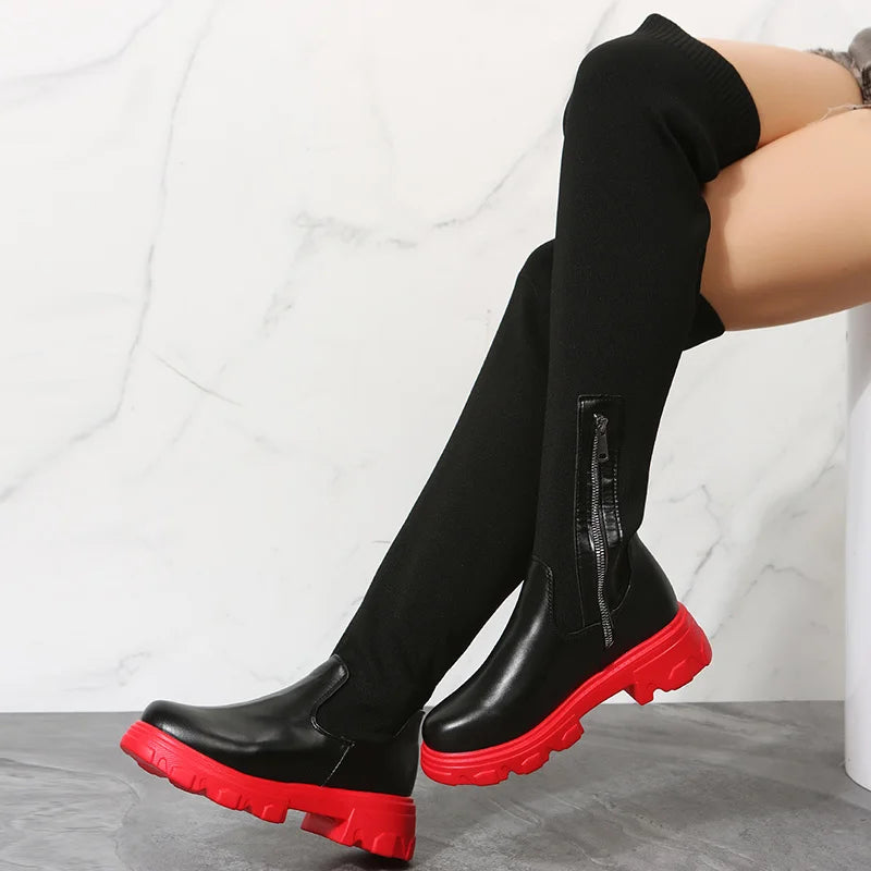 2024 Women's Boots Platform Shoes Over-the-knee Thigh High Knitting Socks Chunky Long Designer New Rock Plus Size Goth Lolita