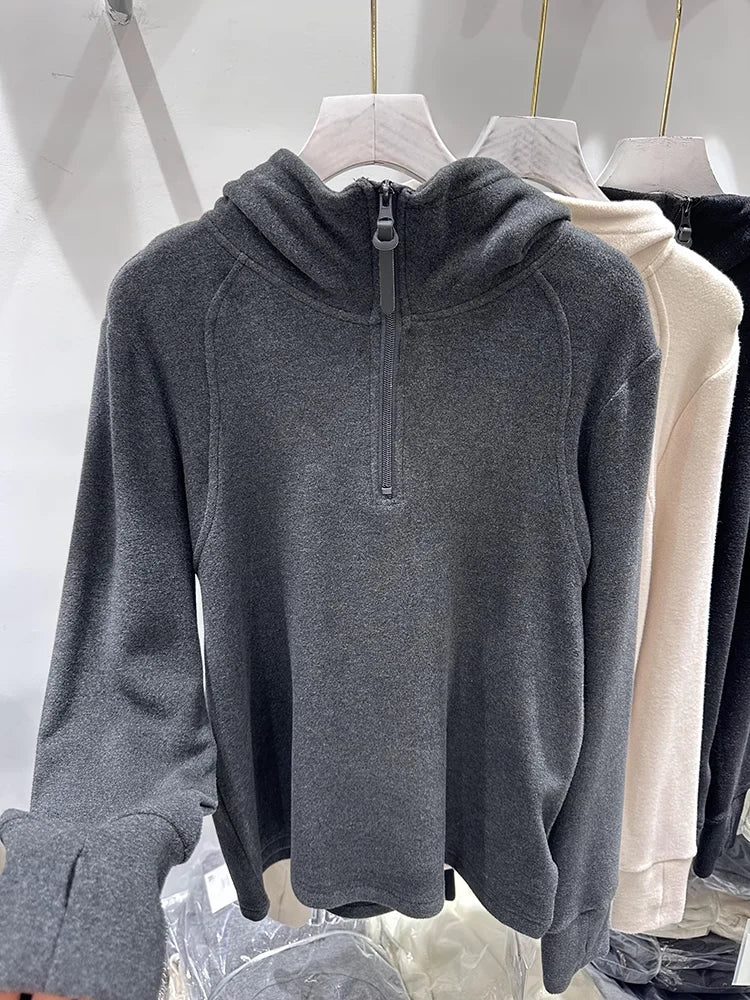 With Hat  Hoodies for Women Half-zip Simple Solid Korean Fashion All-match Streetwear Chic Design Causal Autumn Winter Tops Y2k