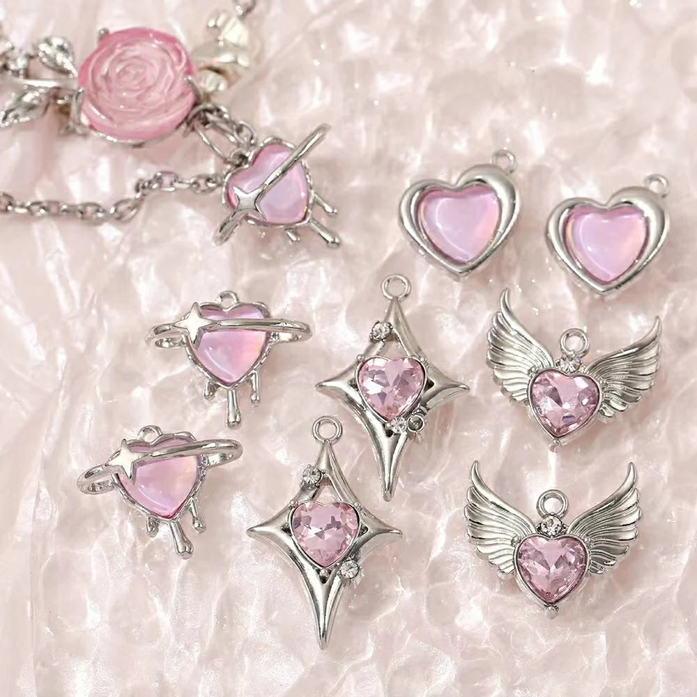 5Pcs Cute Pink Alloy Pearl Rose Heart Bow Tulip Charms DIY Handmade Necklace Earrings Pendant Jewelry Accessories For Women Girl