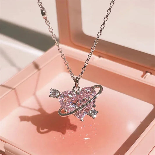 Y2K Pink Planet Heart Zircon Pendant Necklaces Women Fashion Aesthetic Clavicle Chain Necklace Valentines Day Gift Party Jewelry Viralgem Store