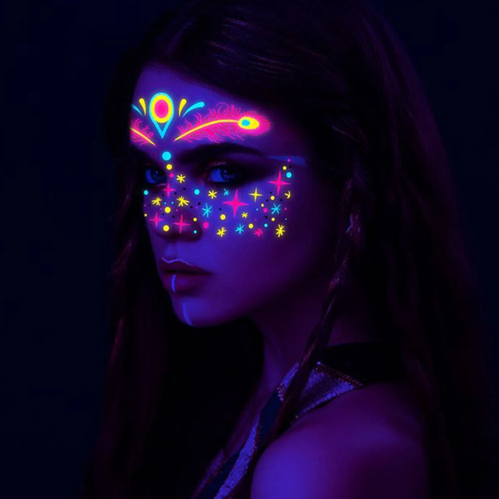 1Pcs Halloween Fluorescent Face Stickers 12-Styles Feather/Flowers/ButterflyDesign Tattoo Sticker Waterproof Glowing Face Decals Viralgem Store
