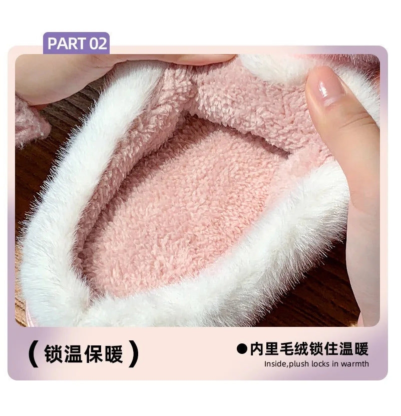 8 cm High platform fur slippers women's winter fluffy ear home shoes woman white bunny rabbit slippers woman house clog shoes