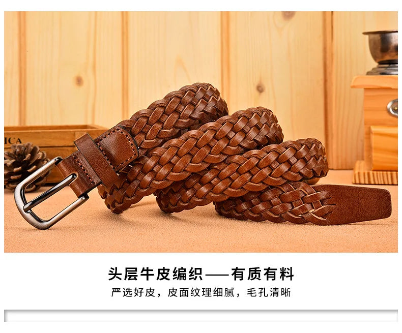2023 Women Casual Luxury New Style Width 2.5cm  Woven Belt Needle Buckle Real Leather Head Layer Cowhide Handmade Decorative