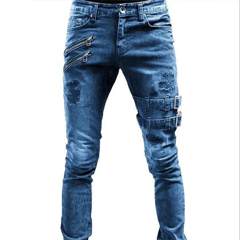 Zipper Decoration Slim Fit Biker Men Jeans Cotton Stretchy Ripped Skinny Jeans High Quality Hip Hop Black Oversize Denim Pants