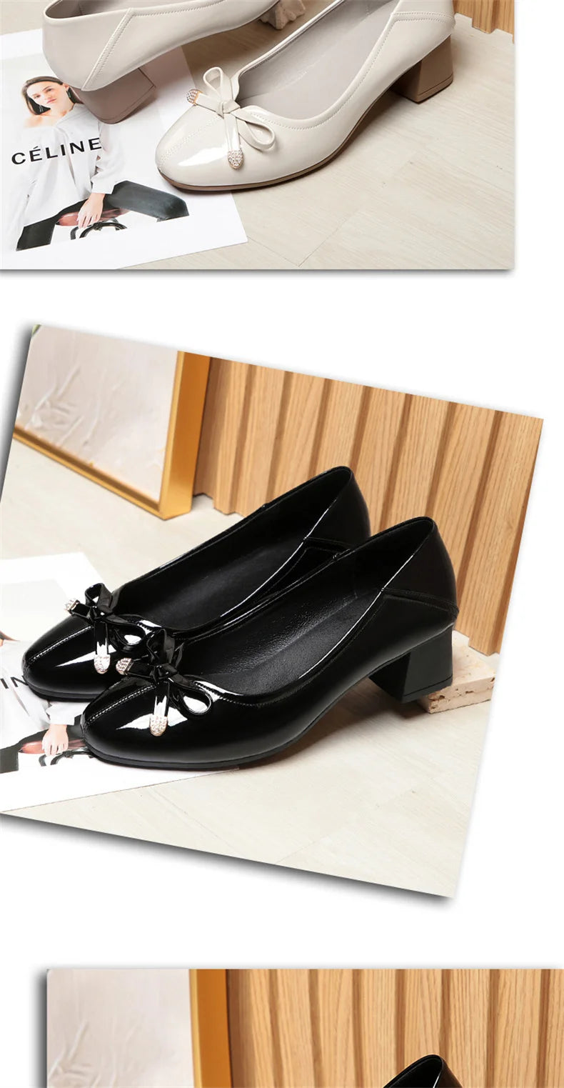 Spring New Comfort Soft Bottom Round Toe Solid Ballet Shoes Low Heel Bow Pumps Low Top Flat Patent Leather Single Shoes Viralgem Store