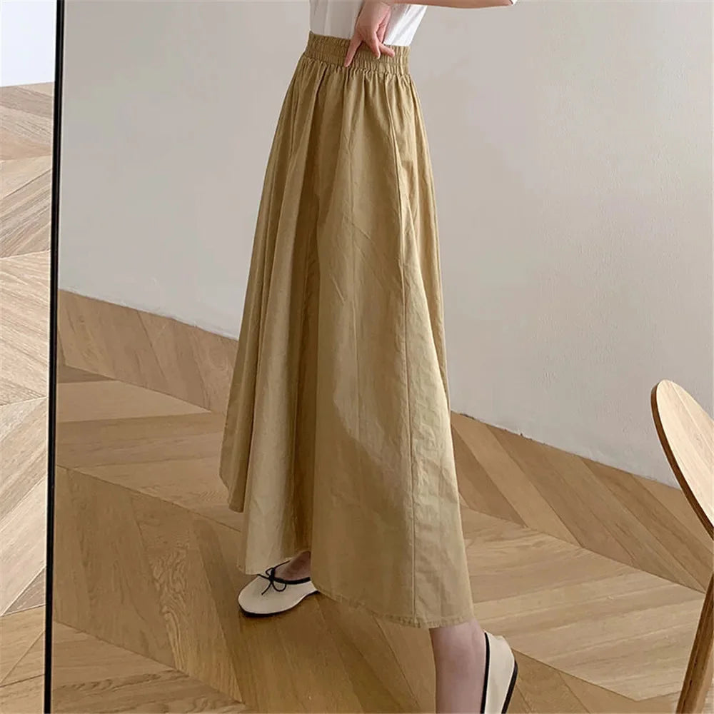 Spring Summer Autumn Elastic High Waist Loose Women All-match Midi Skirt Female Long Skirt Student Teenage Girls A-line Skirts