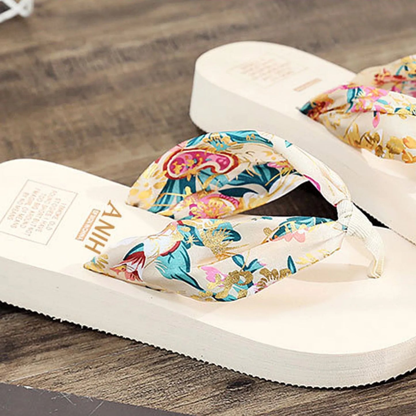 2022 Summer Floral Printing Slippers Women Bohemian Satin Strap Platform Wedge Flip Flops Outdoor Thick Bottom Beach Shoes