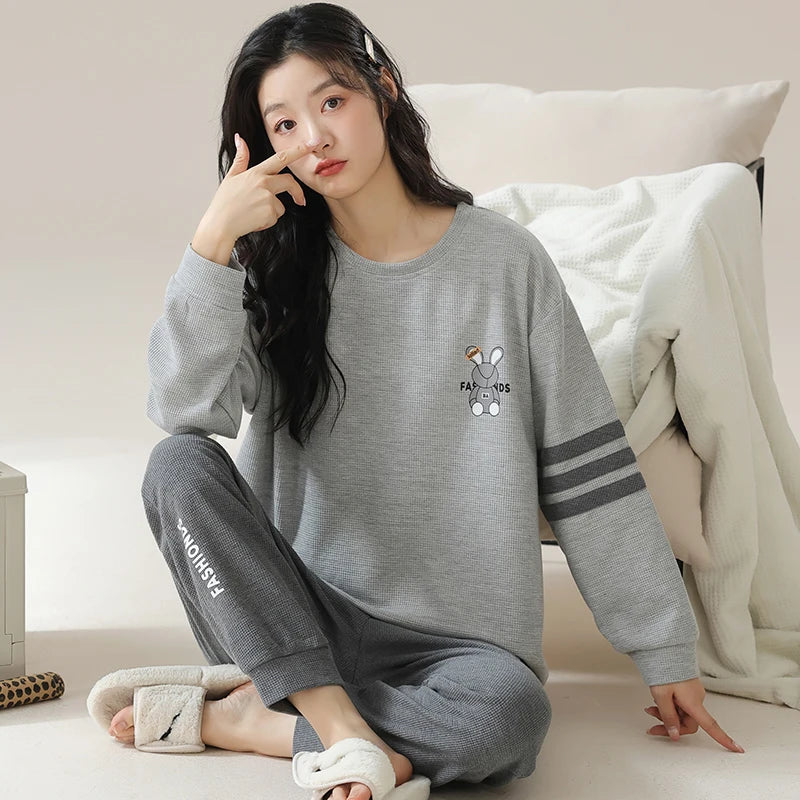 SUKAE Waffle Cotton Korean Minimalist Style Women Pajamas Spring Autumn Long Sleeves Lady Sleepwear Kawaii Round Neck Homesuits
