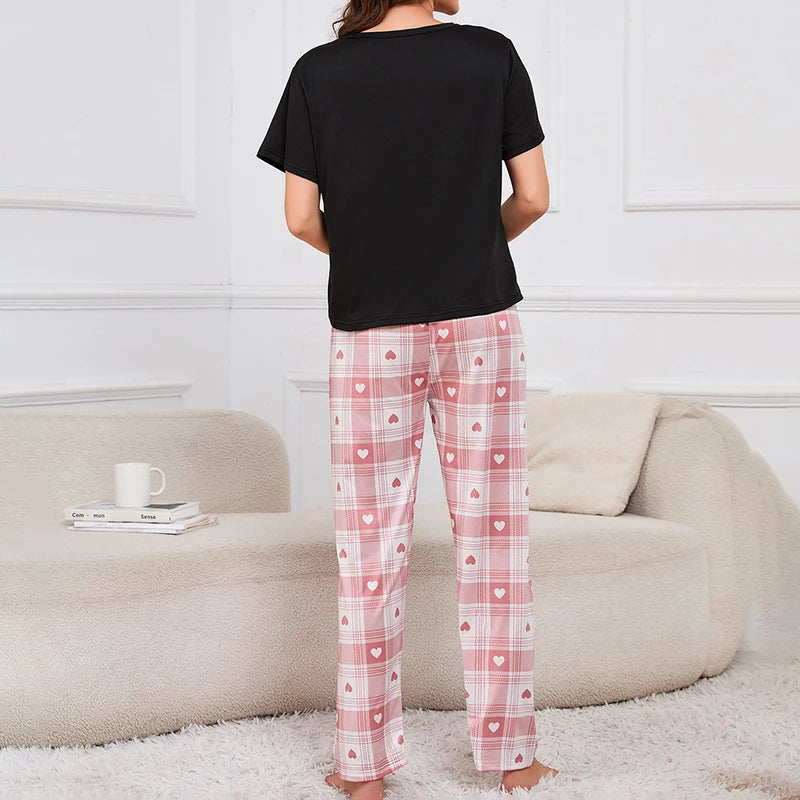 3-Piece Women's Checkered Printing Pajamas Set Soft & Comfy Crew Neck Tee Elastic Shorts & Lounge Pants Sleepwear Home Clothing