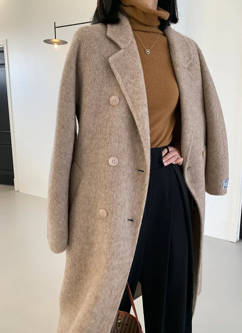 2024 Autumn Winter Wool Coat Women Double-breasted Solid Color Women's Double-sided Woolen Belt Coats Loose Warm Wool Jacket
