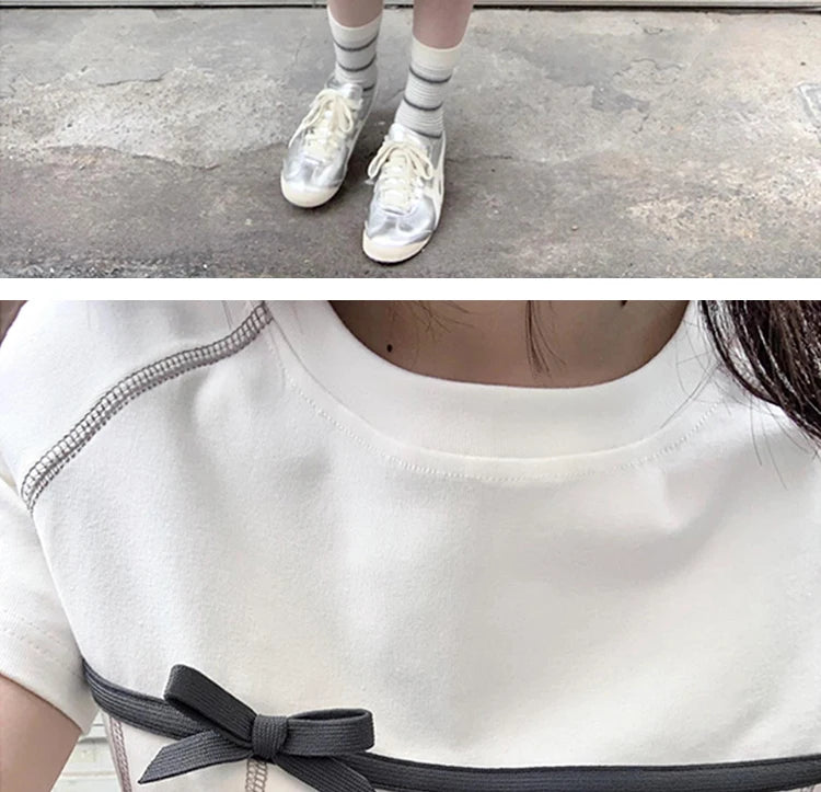 Yedinas High Quality Cotton T Shirt Women Clothes Korean Fashion Summer Tops Short Sleeve Bow Bright Line Decoration Tees Y2k