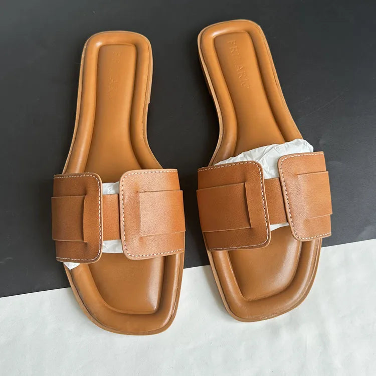 2024 Women Modern Slippers Summer Outdoors Comfortable Flat Slippers Luxury Leather Slippers Casual Slides Shoes Females Sandals