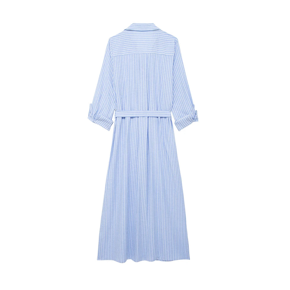 TRAF Women Fashion With Belt Front Patch Pockets Midi Shirt Dress Long Turn-up Sleeves Button-up Female Dresses Mujer