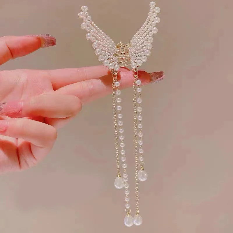 Super Fairy Butterfly Tassel Grab with Diamond Pearl Angel Wings Back Head Hair Grab Female Summer Half Tie Hair Artifact