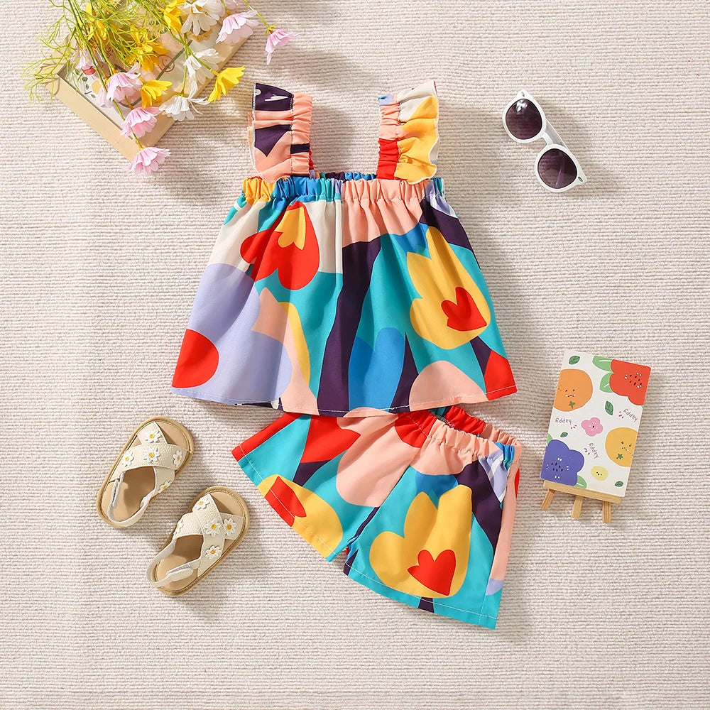 2PCS Summer New Girl Flower Strap Top+Shorts Two Piece Set Suitable for 0-3 Year Old Babies Viralgem Store