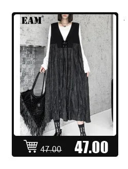 [EAM] Women Black Pu Leather Long Spaghetti Strap Dress New V-Neck Sleeveless Loose Fit Fashion Tide Spring Autumn 2024 JD03201
