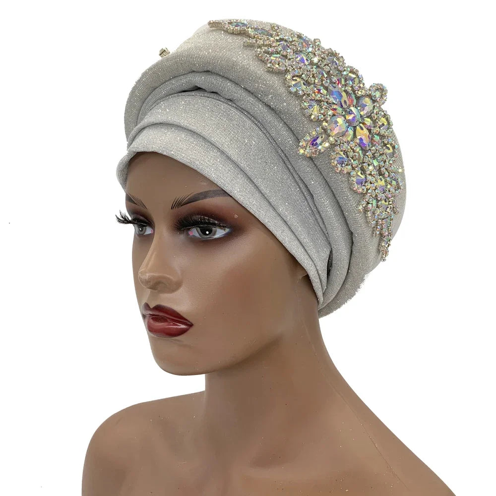 African Wrap Head Headgear Nigeria Auto Gele Headtie Turbante Mujer Luxury Rhinestone Turban Hat for Women Glitter