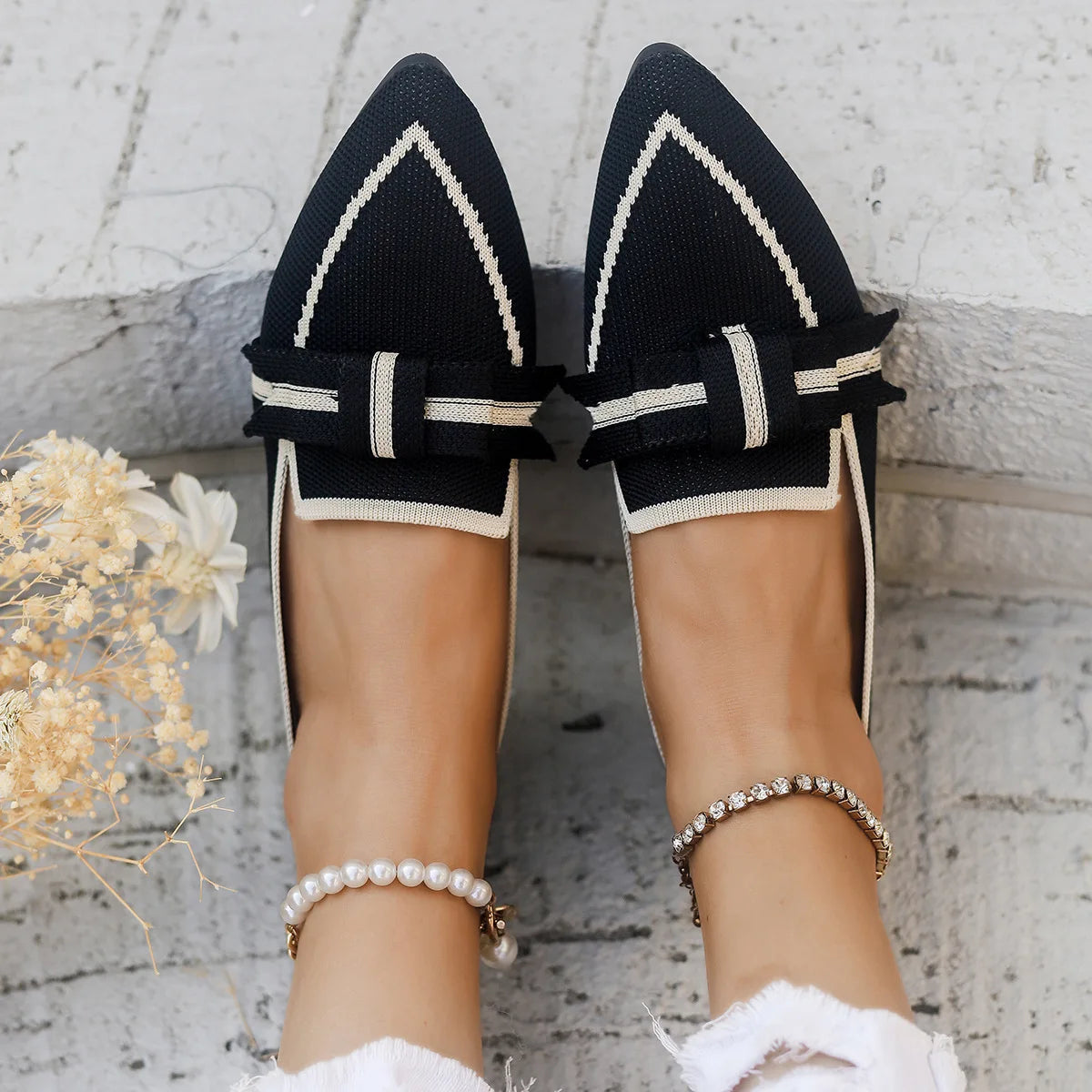 Women Flats 2024 New Knitted Slip Breathable Comfortable Solid Color Shoes Casual Pointed Toe Walking Loafers Sneakers Women Viralgem Store