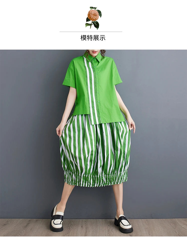 Summer Striped Print 2 Two Piece Set Women Irregular Patchwork Fashion Ladies Cropped Shirts Loose Casual Pleated Woman Skirts Viralgem Store