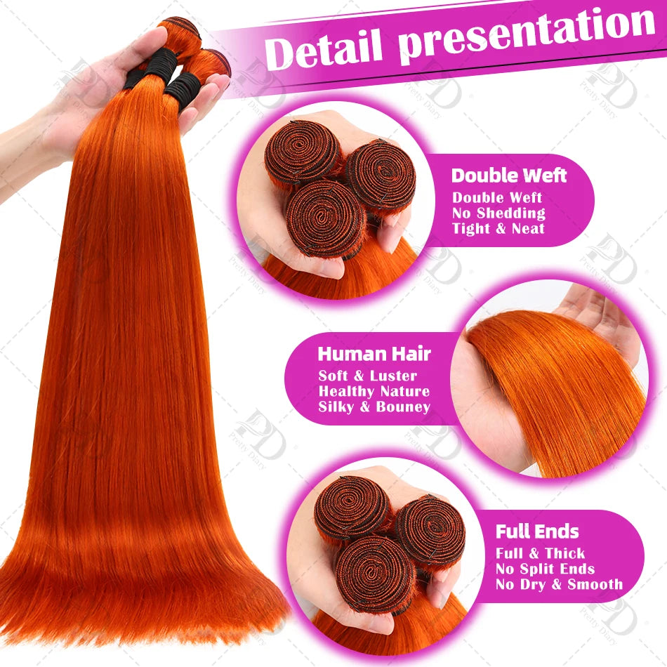 30 Inch Brazilian 100% Human Hair Weft Ginger Orange Bone Straight Bundles Virgin Raw Quick Weaves Colored Remy Hair Extension Viralgem Store