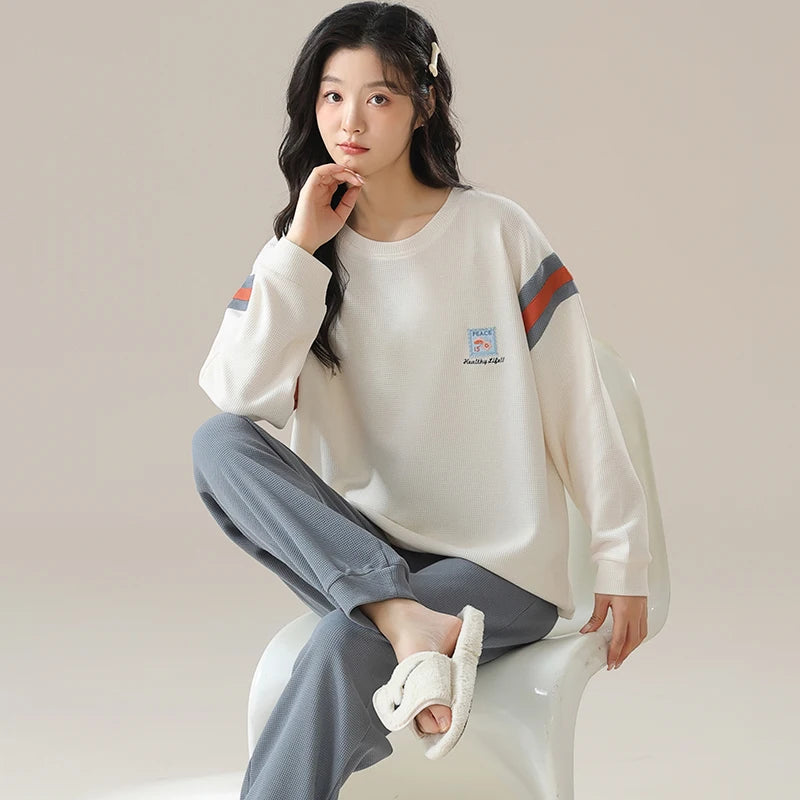 SUKAE Waffle Cotton Korean Minimalist Style Women Pajamas Spring Autumn Long Sleeves Lady Sleepwear Kawaii Round Neck Homesuits