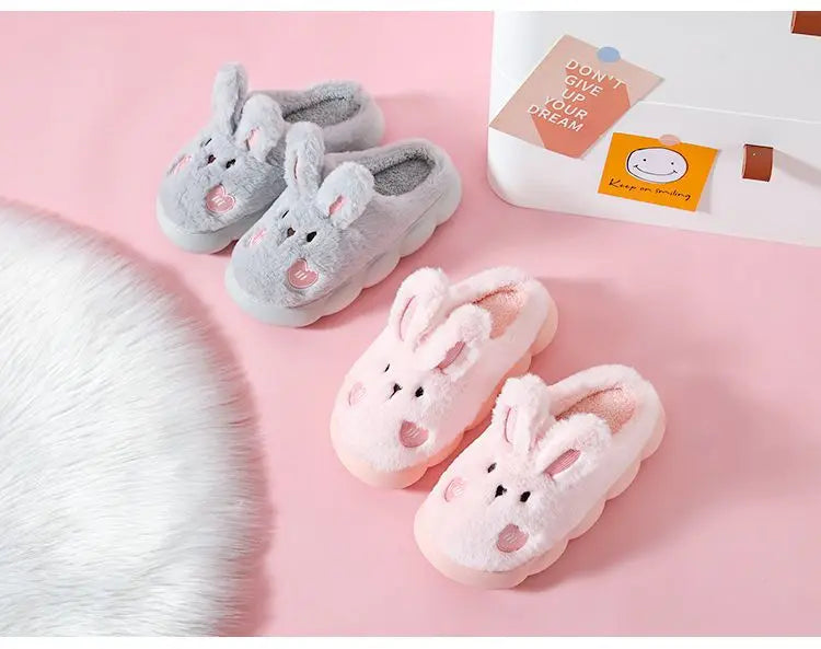 8 cm High platform fur slippers women's winter fluffy ear home shoes woman white bunny rabbit slippers woman house clog shoes