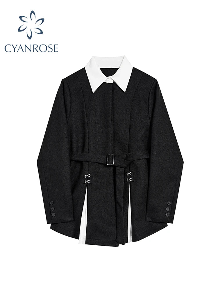 Women Black Gothic Blazer Elegant Vintage 90s Fashion Coat with Belt Y2k Suit Jacket Harajuku Long Sleeve Outwear 2000s Clothes Viralgem Store