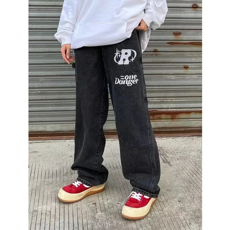 Y2K Women Fashion Streetwear Casual Letter Print Straight Wide Leg Pants Baggy Denim Trousers Men Low Rise Jeans Clothes