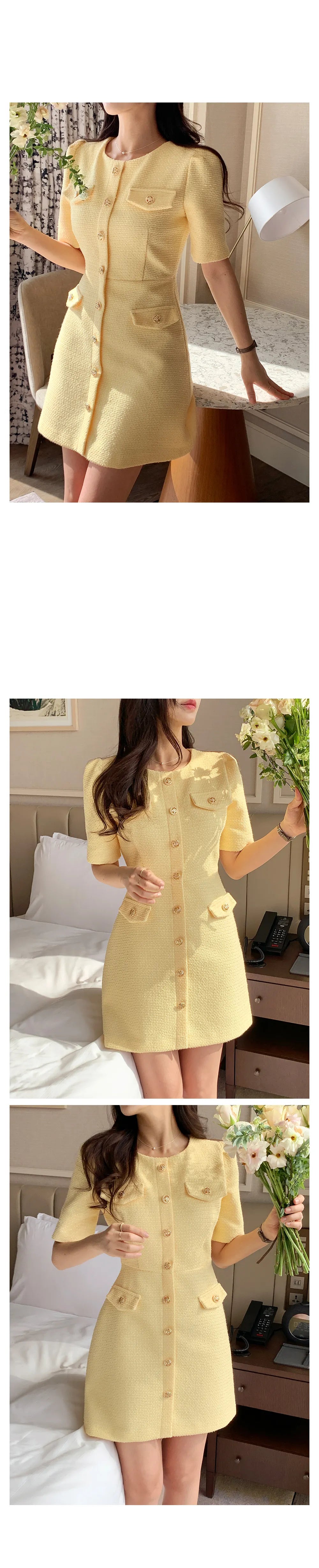 Temperament  Small Fragrance O-neck Vestidos 2024 Summer Korean Chic High Sense Tweed Puff Sleeve Dress Short Dresses Woman