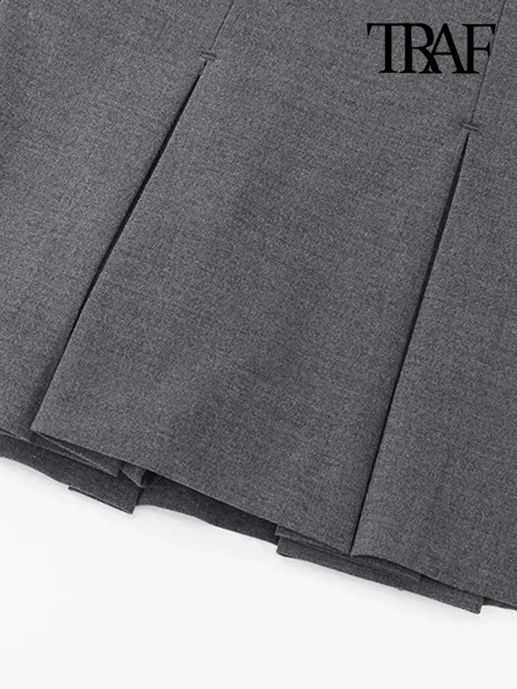 TRAF Women Fashion With Pleated Shorts Skirts Vintage High Waist Side Zipper Female Skort Mujer