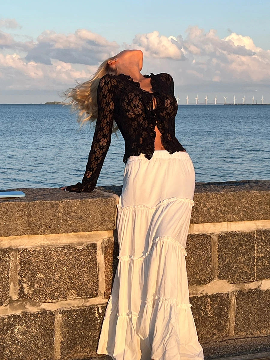 Women s Summer Lace Shirt Tops Y2k Flare Long Sleeve Tie Front Sheer Slim Crop Cardigan Clubwear