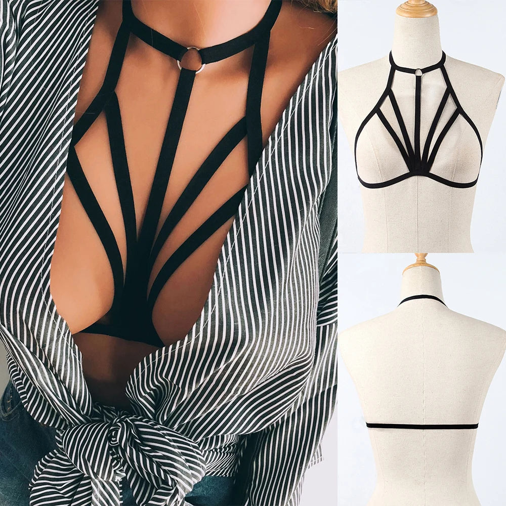Women Goth Sexy Elastic Harness Bandage Bustier Hollow Cage Bra Tops Bralette Lingerie Tanks Lady See Through Exotic Apparel Viralgem Store