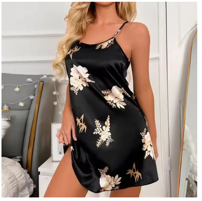 Women Nightwear Home Clothes Sexy Black Floral Printing Nightdress Sleepwear Nightshirts Silk Sleepshirts Nightgowns For Woman Viralgem Store