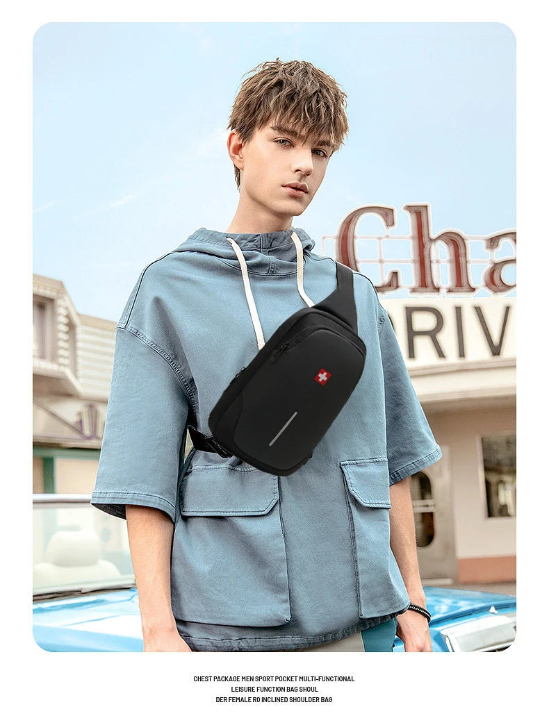 SWISS New Men's Casual Chest Bag Sports Waterproof Shoulder Bag Anti-theft Crossbody Bag Fashion Solid Color Usb Bag Sling Pack Viralgem Store