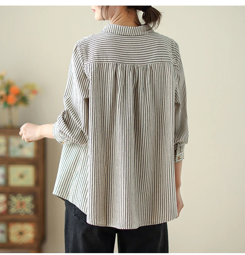 Women Long Sleeve Casual Shirt New Arrival 2024 Spring Korean Style Vintage Striped Loose Female Basics Cotton Tops Shirts B3254