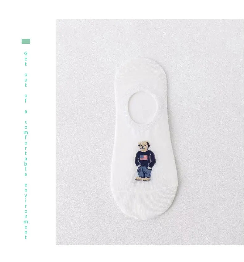 5 Pairs of Super Cute Bear Embroidered Cartoon Bear Boat Socks, Soft and Comfortable, Sweat Wicking and Versatile Short Socks