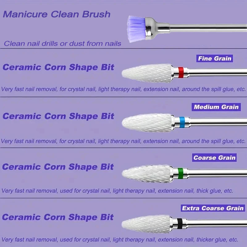 5PCS Left-Handed  Ceramic Nail Drill Bits Set Acrylic Nail File Bits 3/32'' Shank Professional   For Removing Acrylic Gel Nails