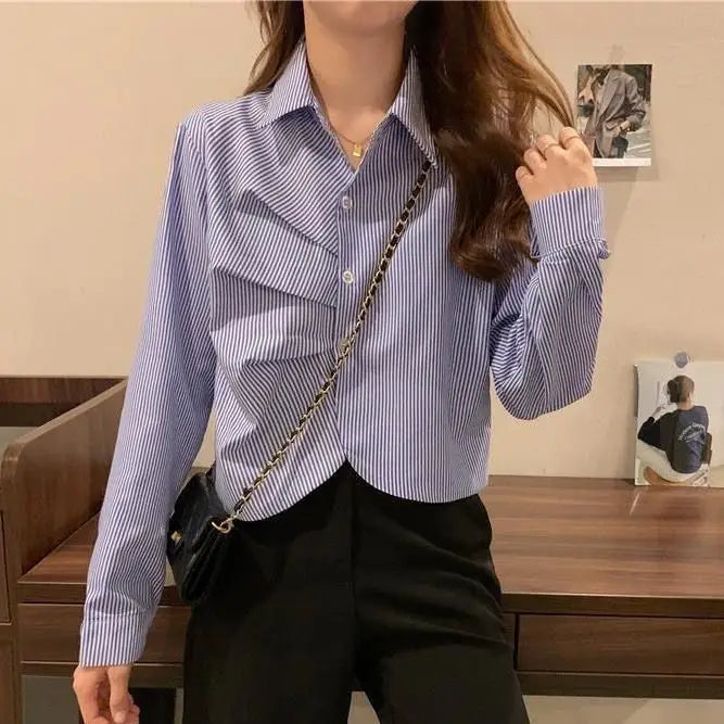 Striped Shirt Women's Design Niche Spring Autumn New Slim Versatile Pleated Long-sleeved Short Top Freshlook Styles