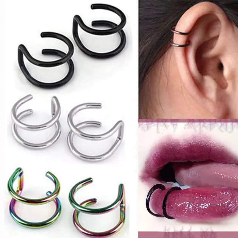 2Pcs 316L Stainless Steel Fake Ear Piercing Jewelry, Clip on Ear Cuffs Fake Lip Ring Non Piercing Labret Rings for Women Men Viralgem Store